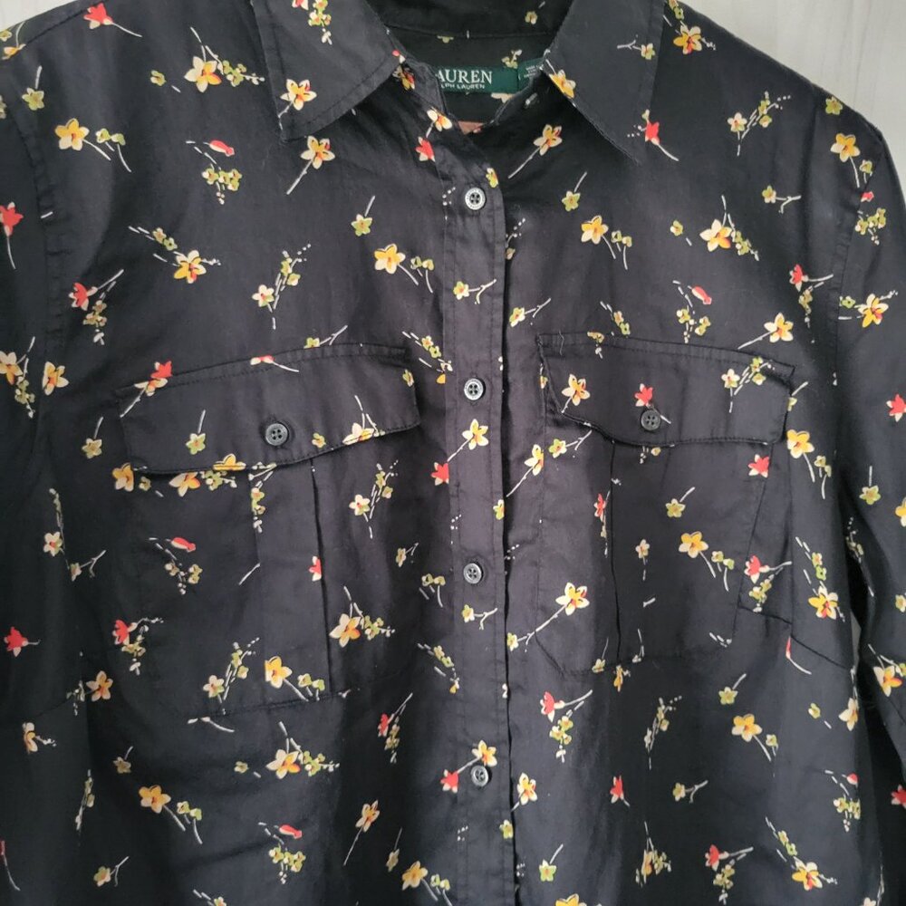 Lauren Ralph Lauren Black Floral Print Blouse, 100% Cotton, Women’s 1X, Floral - Picture 2 of 9